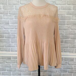 ADRIANNA PAPELL Pleated Lace Trim Blouse Long Sleeve XL Romantic Cottagecore